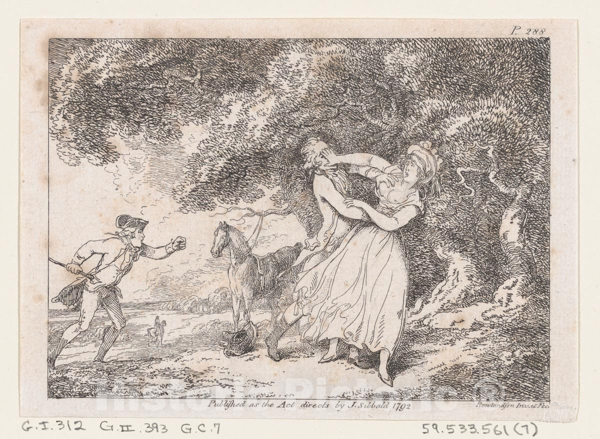Art Print : Joseph Hastens to Rescue Fanny from Imminent Danger - Artist: Thomas Rowlandson - Created: 1792 : Vintage Wall Art