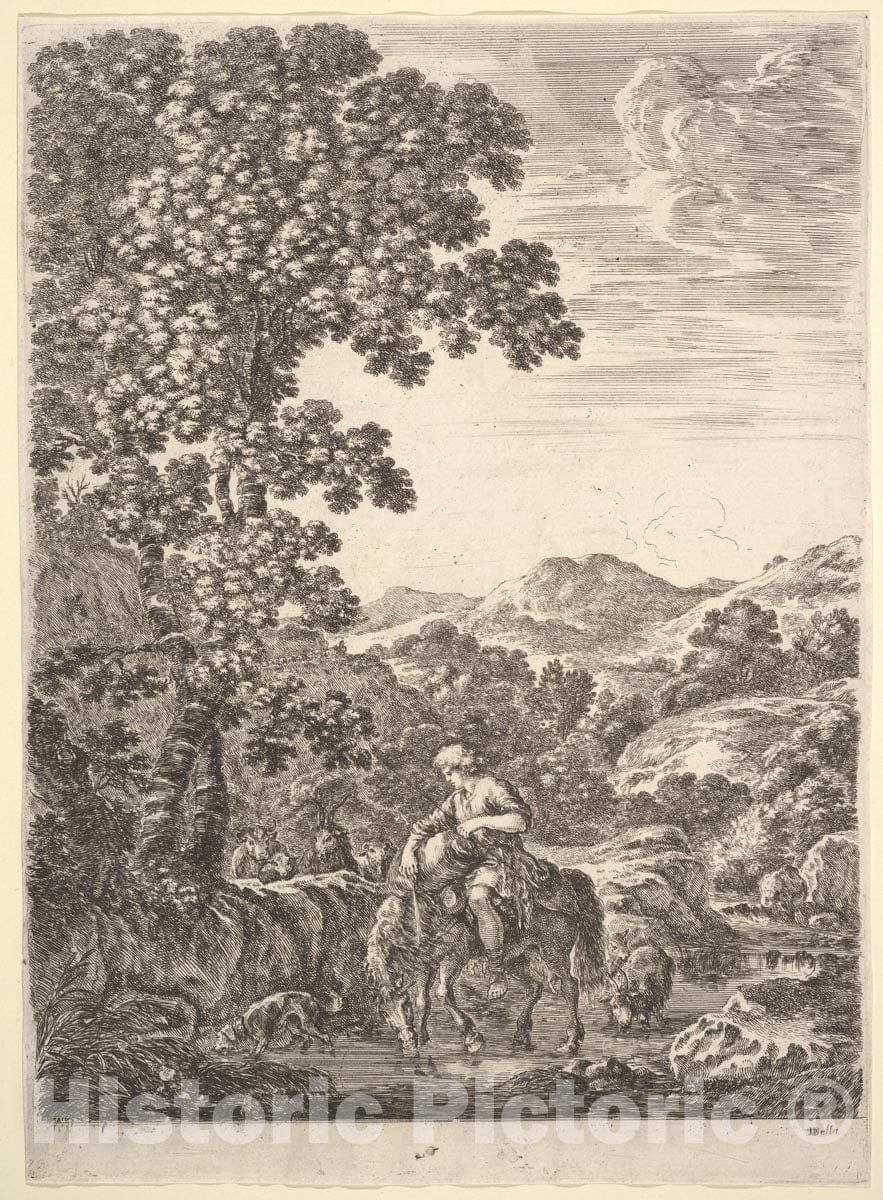 Art Print : A Shepherd on Horseback in The Middle of a Stream - Artist: Stefano Della Bella - Created: c1652 : Vintage Wall Art