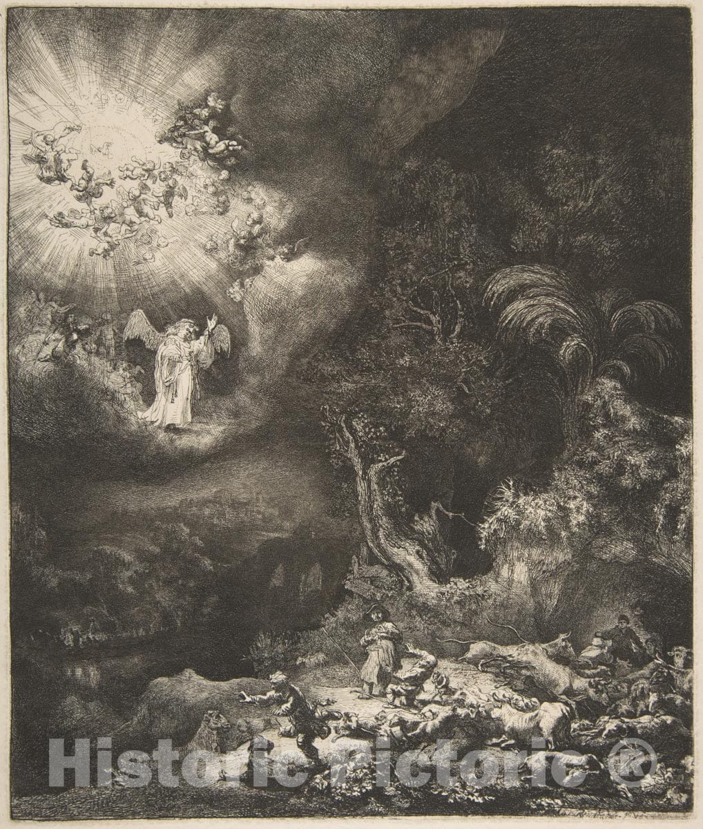 Art Print : Rembrandt (Rembrandt Van Rijn) - The Angel Appearing to The Shepherds 2 : Vintage Wall Art