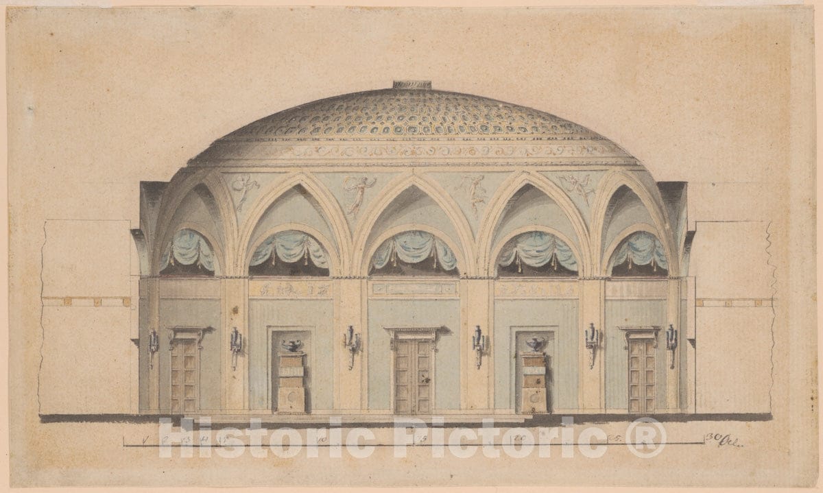Art Print : Swedish, 19th Century - Cross-Section of a Domed Room with Urns and Candelabra : Vintage Wall Art