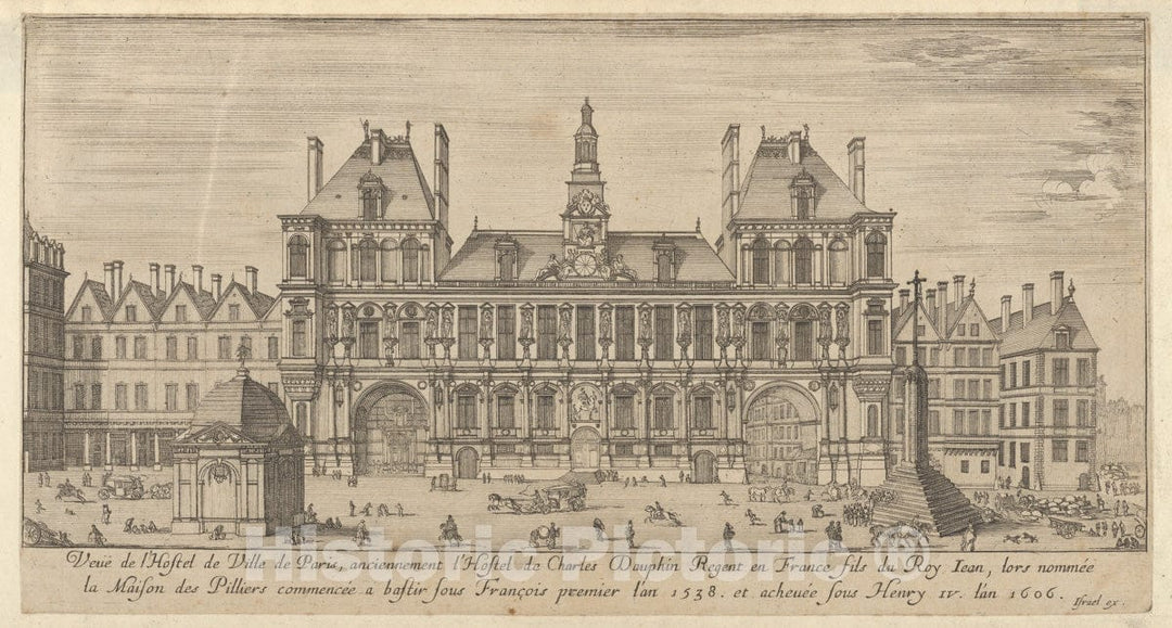 Art Print : Israel Silvestre - View of the facade of the Hôtel de Ville, Paris, in the foreground a cross on a stepped platform and a freestanding domed building : Vintage Wall Art