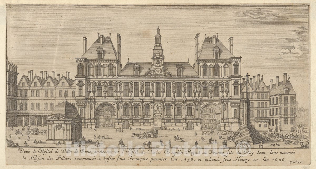 Art Print : Israel Silvestre - View of the facade of the Hôtel de Ville, Paris, in the foreground a cross on a stepped platform and a freestanding domed building : Vintage Wall Art