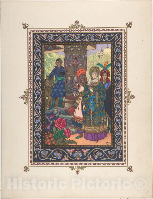 Art Print : Boris Zvorykin - Illustration for L'oiseau de Feu Tsarenvna Elena The Fair with her Servants : Vintage Wall Art