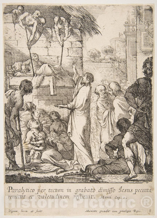 Art Print : Claude Vignon - Healing The Paralytic (Jésus-Christ prouve en guérissant un paralytique, qu'il a le pouvoir de pardonner les péchés) : Vintage Wall Art