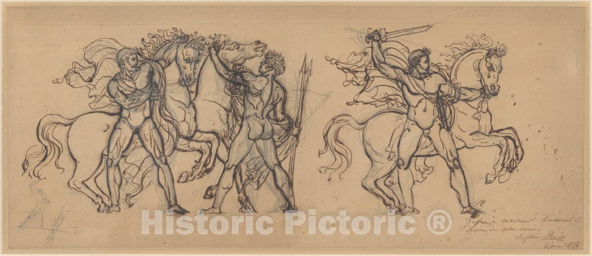 Art Print : François Rude - Three Warriors and Their Horses, Study for a Bas Relief Sculpture in The Chateau de Tervueren : Vintage Wall Art