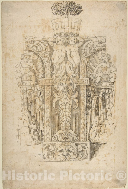 Art Print : Italian, Lombard, 16th Century - Design for a Wall Fountain - 423450 : Vintage Wall Art