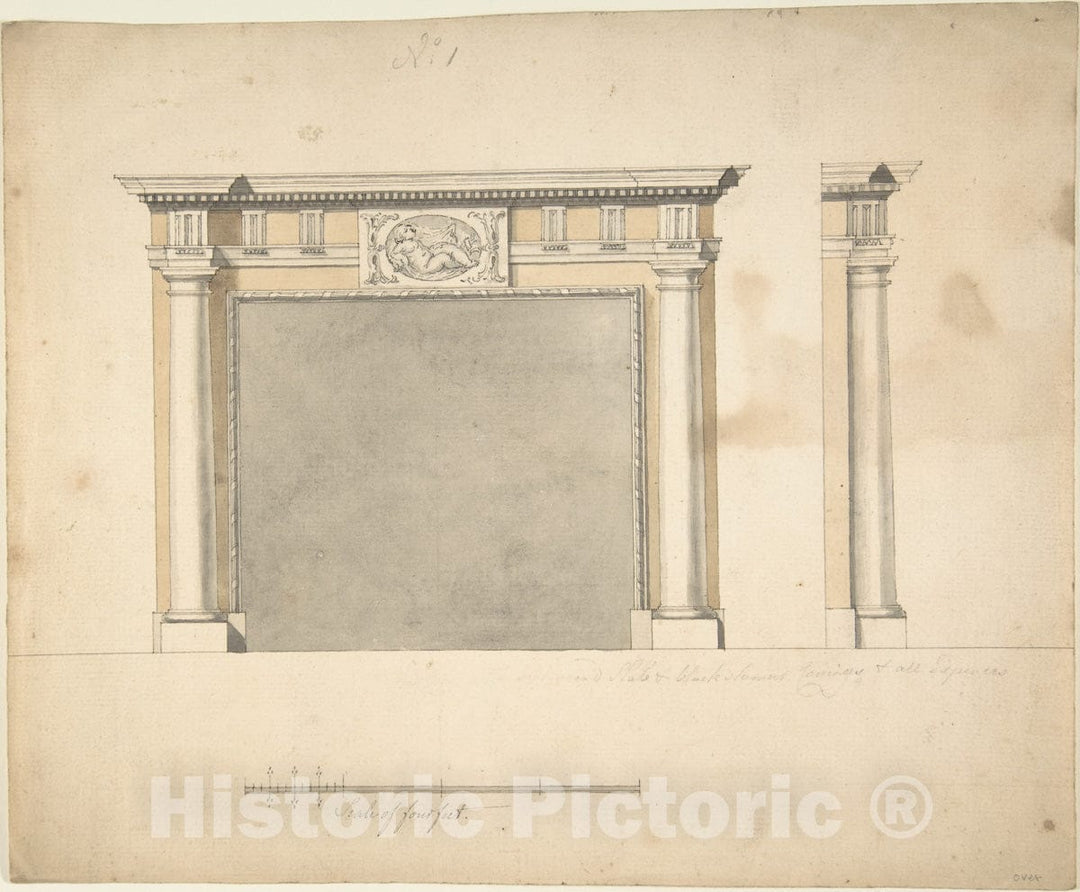 Art Print : Sir William Chambers - Designs for a Chimney-Piece for Richard Barwell's Drawing Room at Esher, Surrey : Vintage Wall Art