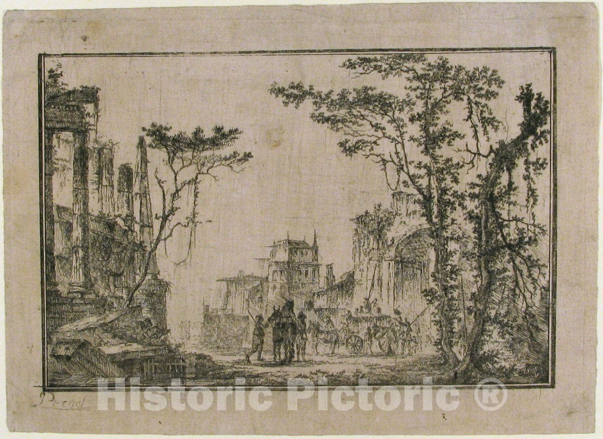 Art Print : Etched by Jean Henri Alexandre Pernet - View of Imaginary Architectural Ruins : Vintage Wall Art