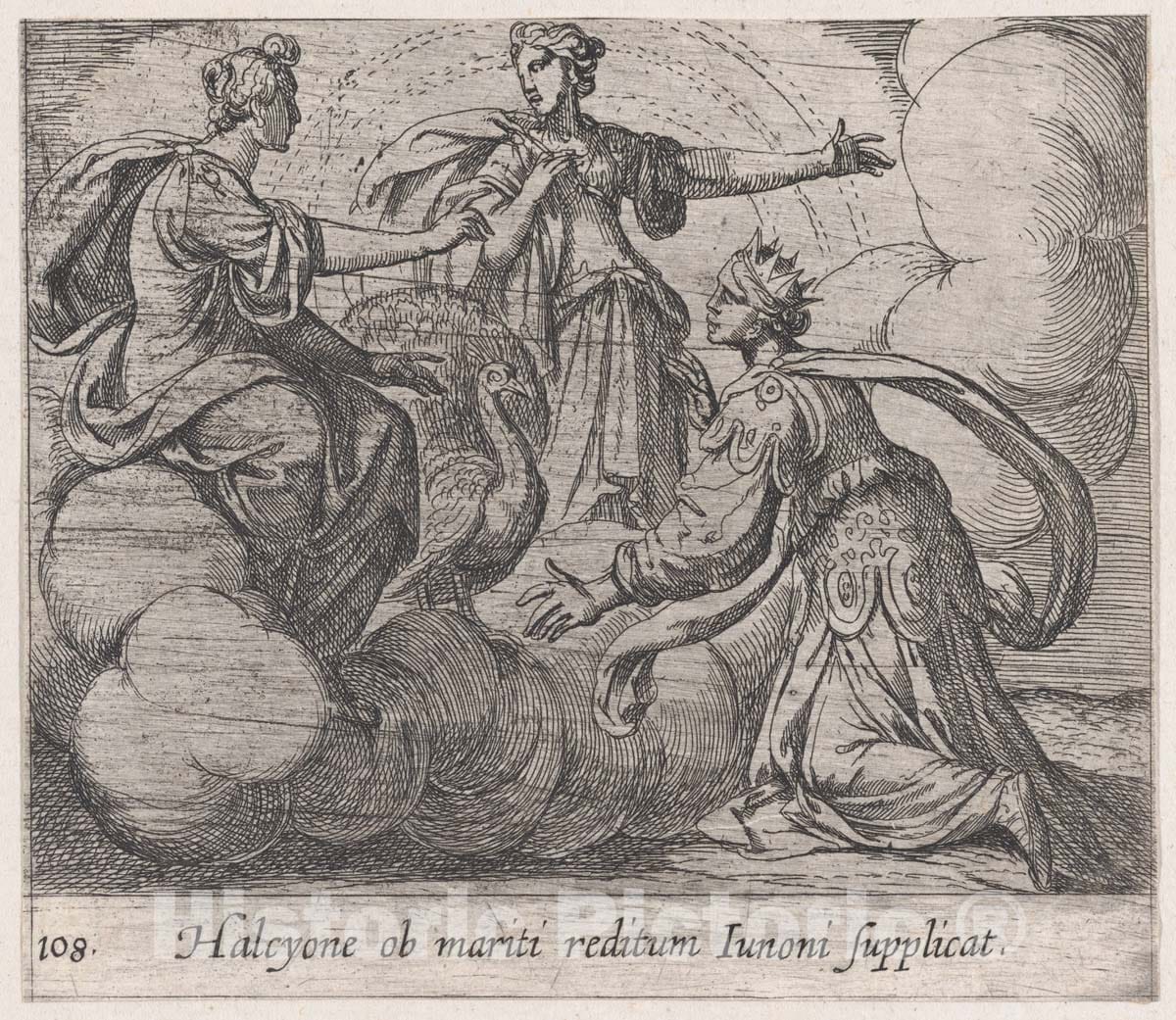 Art Print : Antonio Tempesta - Plate 108: Alcyone Offering Prayers to Juno (Halcyone ob mariti reditum Iunoni Supplicat), from Ovid's 'Metamorphoses' : Vintage Wall Art