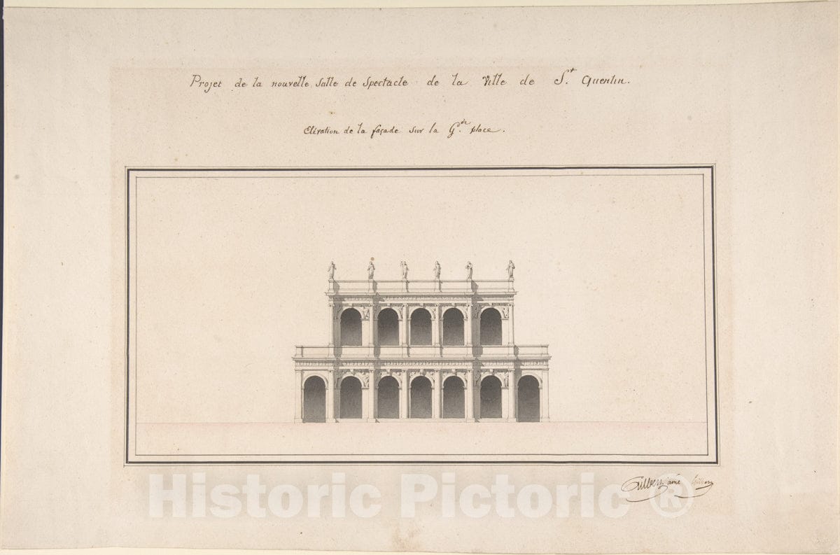 Art Print : Designed by Emile-Jacques Gilbert - Project for The New Theater at St. Quentin (Aisne) - Elevation : Vintage Wall Art
