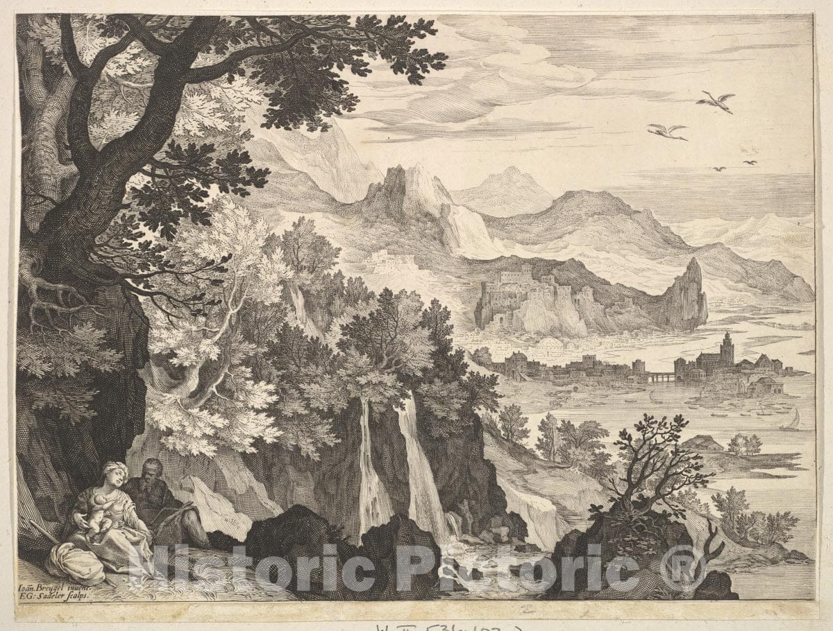 Art Print : Aegidius Sadeler II - Mountainous Landscape with The Rest on The Flight into Egypt : Vintage Wall Art