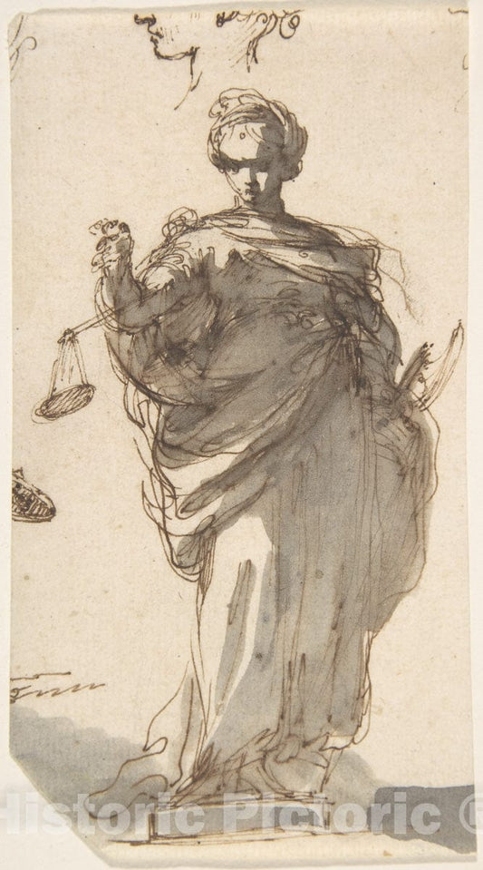 Art Print : Designed by Giuseppe Bernardino Bison - Design for a Statue of Justice with Sketches at Left and Above. : Vintage Wall Art