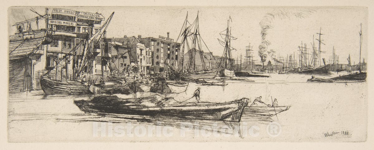 Art Print : James McNeill Whistler - Thames Warehouses 1 : Vintage Wall Art