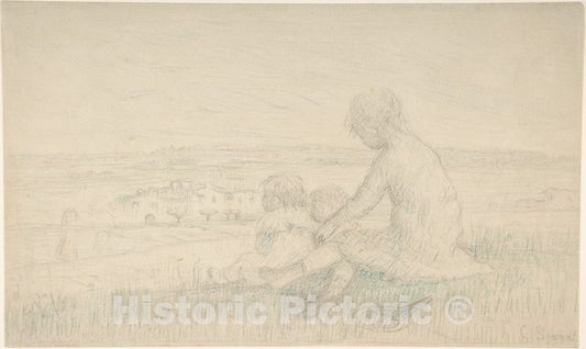 Art Print : Charles-Emmanuel Serret - Children Seated on a Hillside with a Racquet : Vintage Wall Art