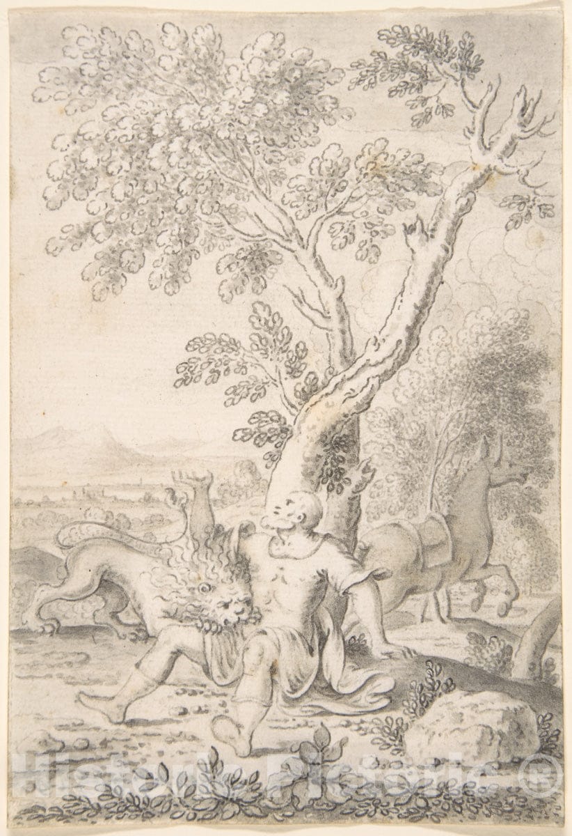 Art Print : Mathais Füssli The Elder - A Man Under a Tree Bitten by a Lion While his Horse Escapes : Vintage Wall Art