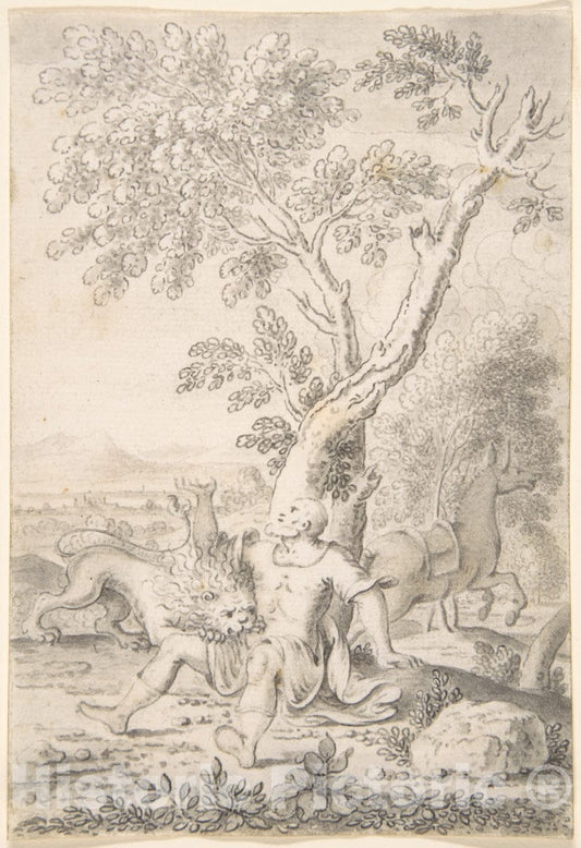 Art Print : Mathais Füssli The Elder - A Man Under a Tree Bitten by a Lion While his Horse Escapes : Vintage Wall Art