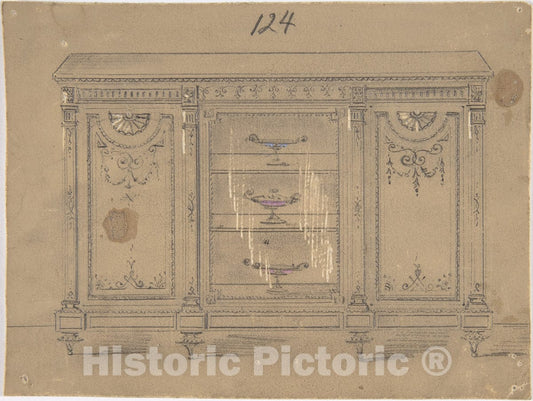 Art Print : British, 19th Century - Cabinet Design with Glass Center Door : Vintage Wall Art