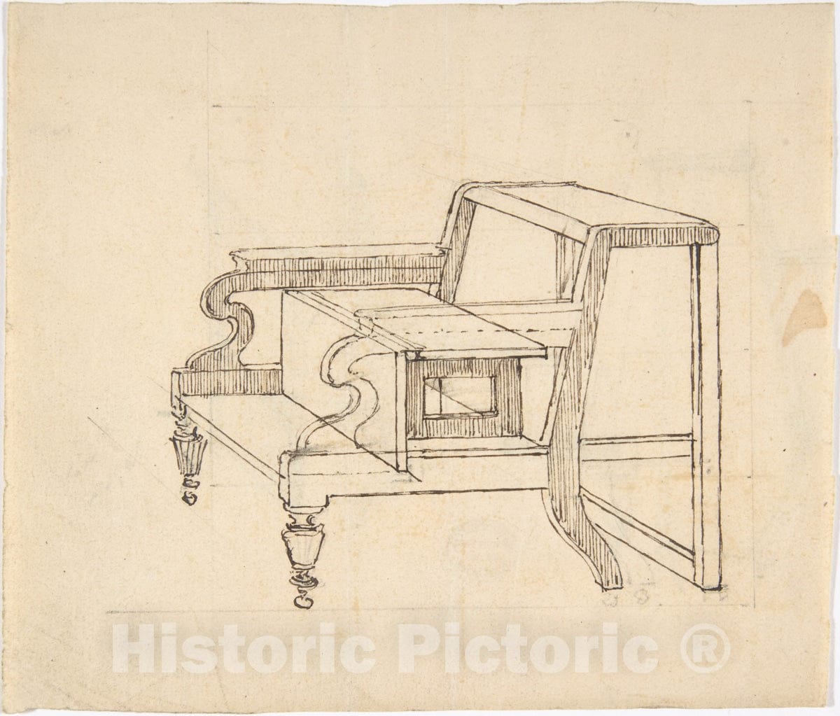 Art Print : British, 19th Century - Design for a Small Stepstool with Front Casters (Verso: Sketch demonstrating Folding Mechanism) : Vintage Wall Art