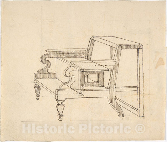 Art Print : British, 19th Century - Design for a Small Stepstool with Front Casters (Verso: Sketch demonstrating Folding Mechanism) : Vintage Wall Art