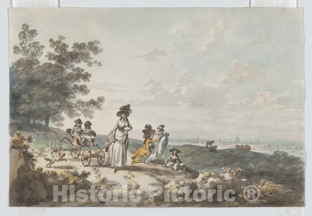 Art Print : Julius Caesar Ibbetson - View of London with St. Paul’s in The Distance: Woman and Children with a Baby Carriage : Vintage Wall Art