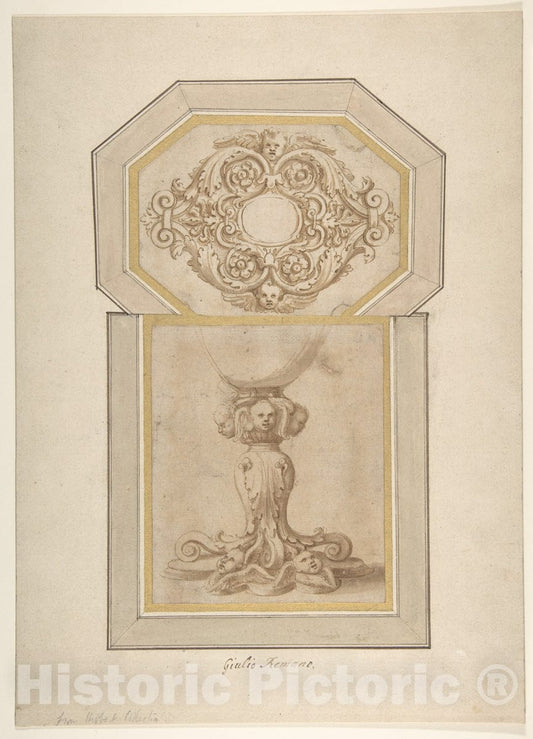 Art Print : Design for a Sculptural Frame Decorated with Angel Heads, Volutes and Leaves - Artist: Giulio Romano - Created: 16th Century : Vintage Wall Art