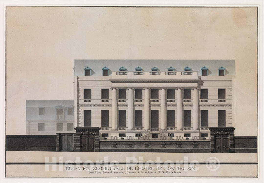 Art Print : Jean Jacques Lequeu - Elevation of The Facade of The Hôtel de Montholon, Paris : Vintage Wall Art