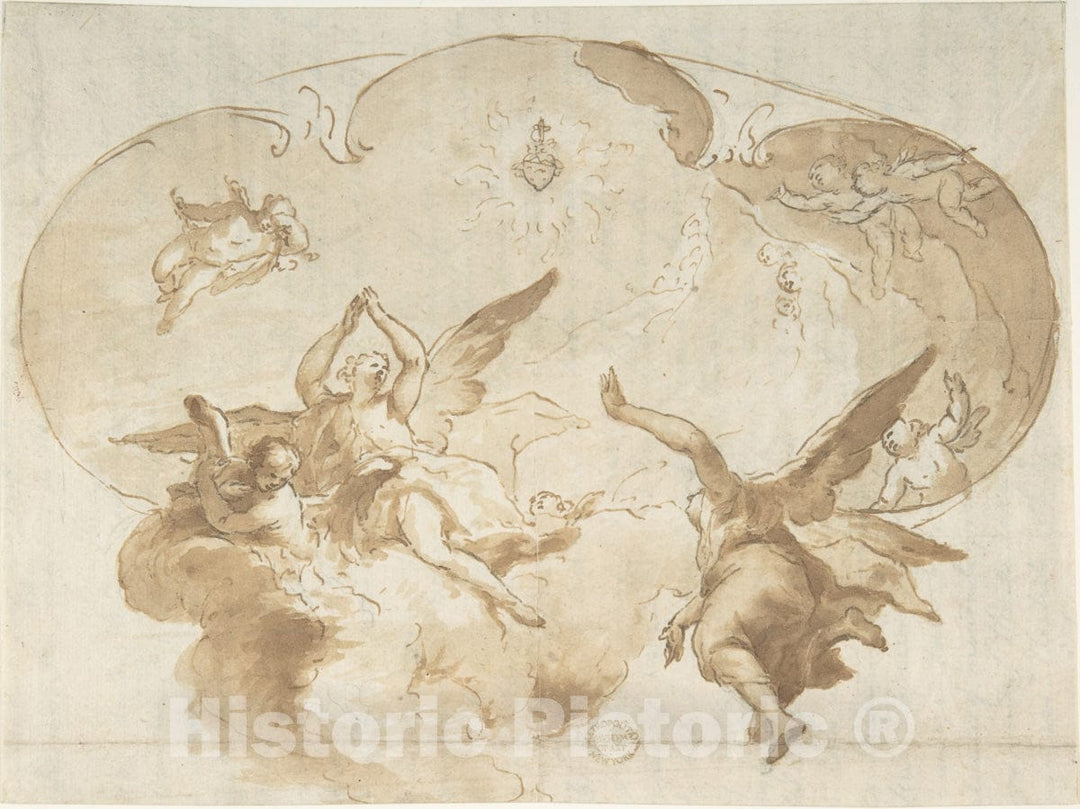 Art Print : Italian, Roman-Bolognese, 17th Century - Adoration of The Burning Heart: Ceiling Design : Vintage Wall Art