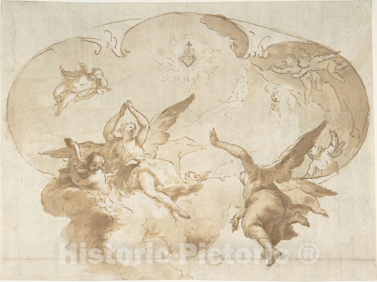 Art Print : Italian, Roman-Bolognese, 17th Century - Adoration of The Burning Heart: Ceiling Design : Vintage Wall Art