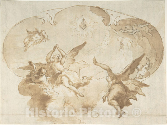Art Print : Italian, Roman-Bolognese, 17th Century - Adoration of The Burning Heart: Ceiling Design : Vintage Wall Art