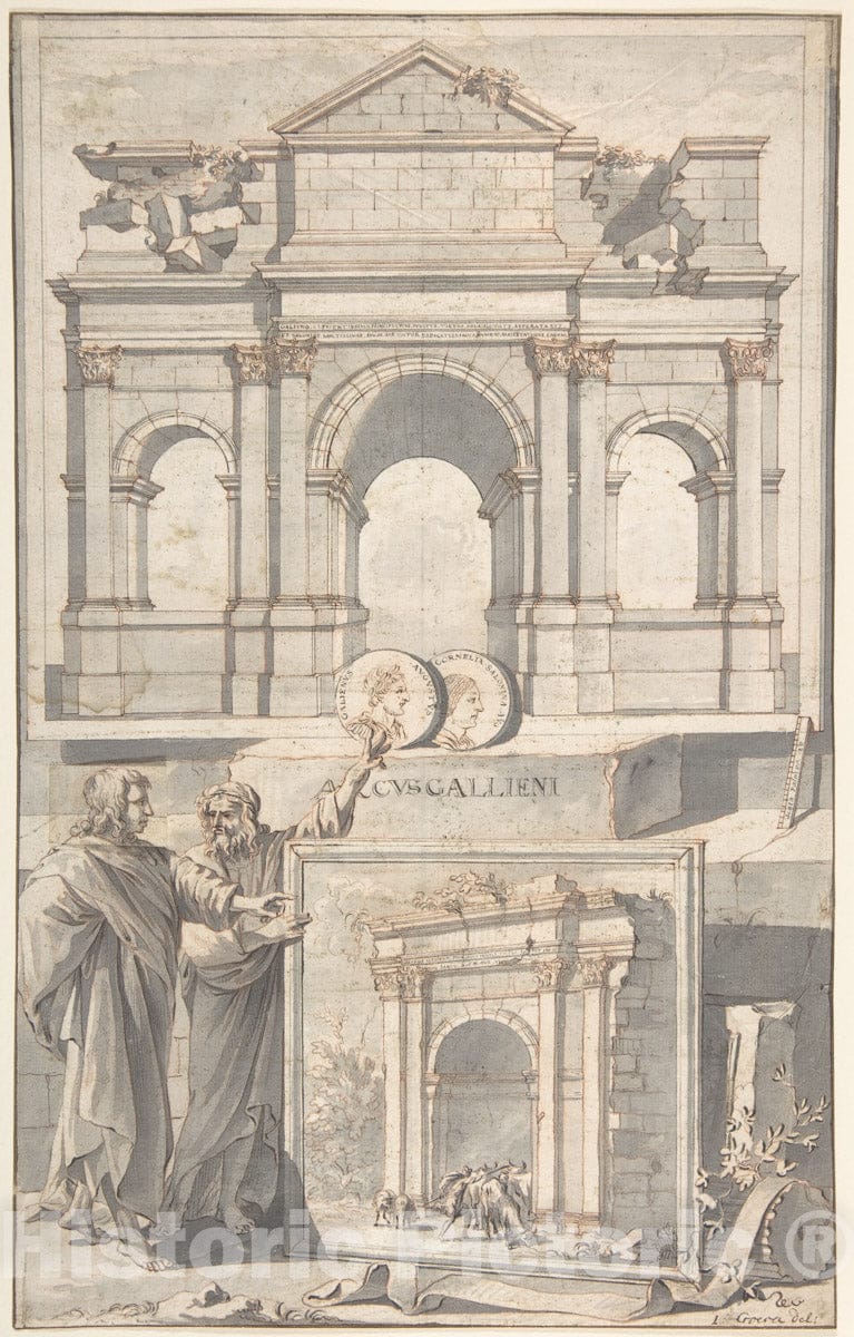 Art Print : Jan Goeree - A Reconstruction of The Arch of Gallienus (Above) and a View of The Ruins (Below) : Vintage Wall Art