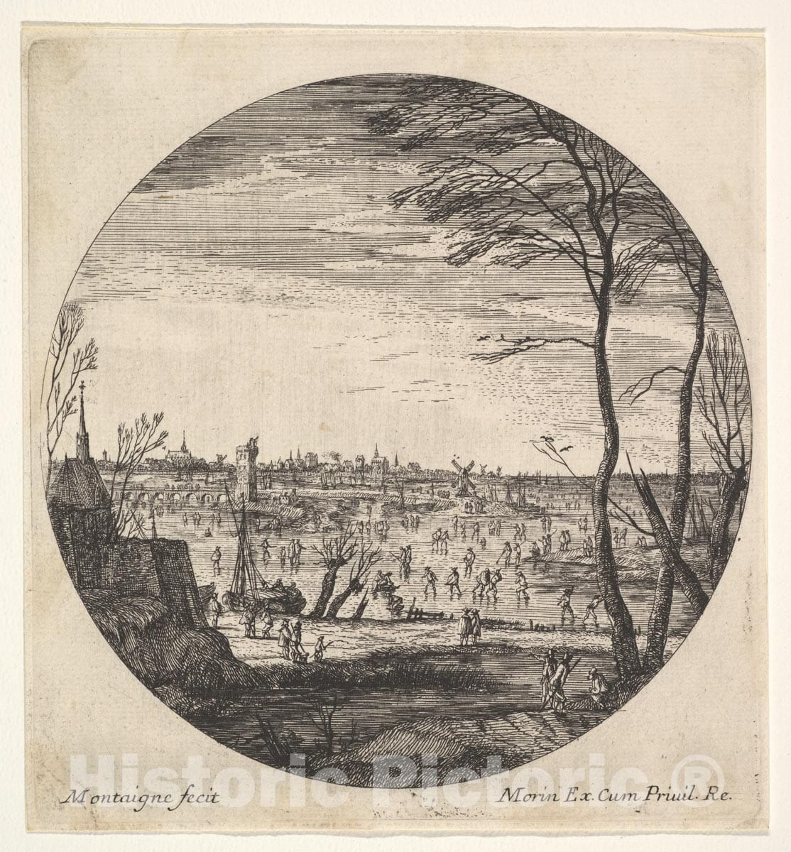 Art Print : Winter Landscape with Figures Skating on a Frozen Body - Artist: Matthijs Van Plattenberg - Created: c1625 : Vintage Wall Art