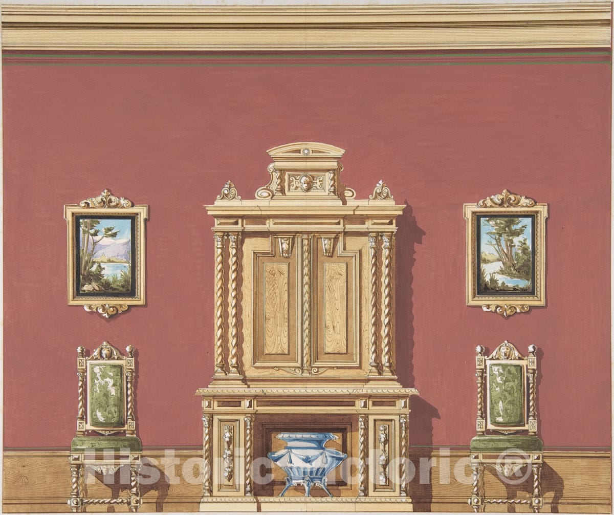 Art Print : British, 19th Century - Interior Design with a Central Cabinet, Two Chairs and Two Landscape Paintings Against a Red Wall : Vintage Wall Art