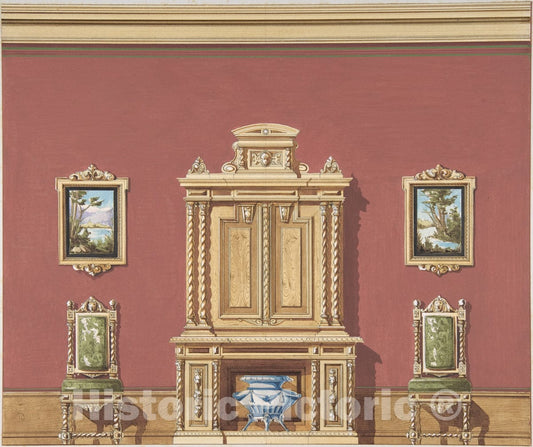 Art Print : British, 19th Century - Interior Design with a Central Cabinet, Two Chairs and Two Landscape Paintings Against a Red Wall : Vintage Wall Art