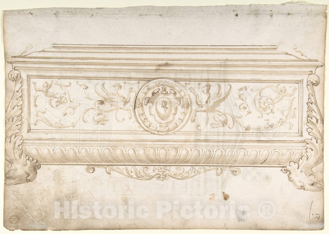 Art Print : Italian, 16th Century - Design for a Cassone (Recto), Design for a Tomb (Verso) : Vintage Wall Art