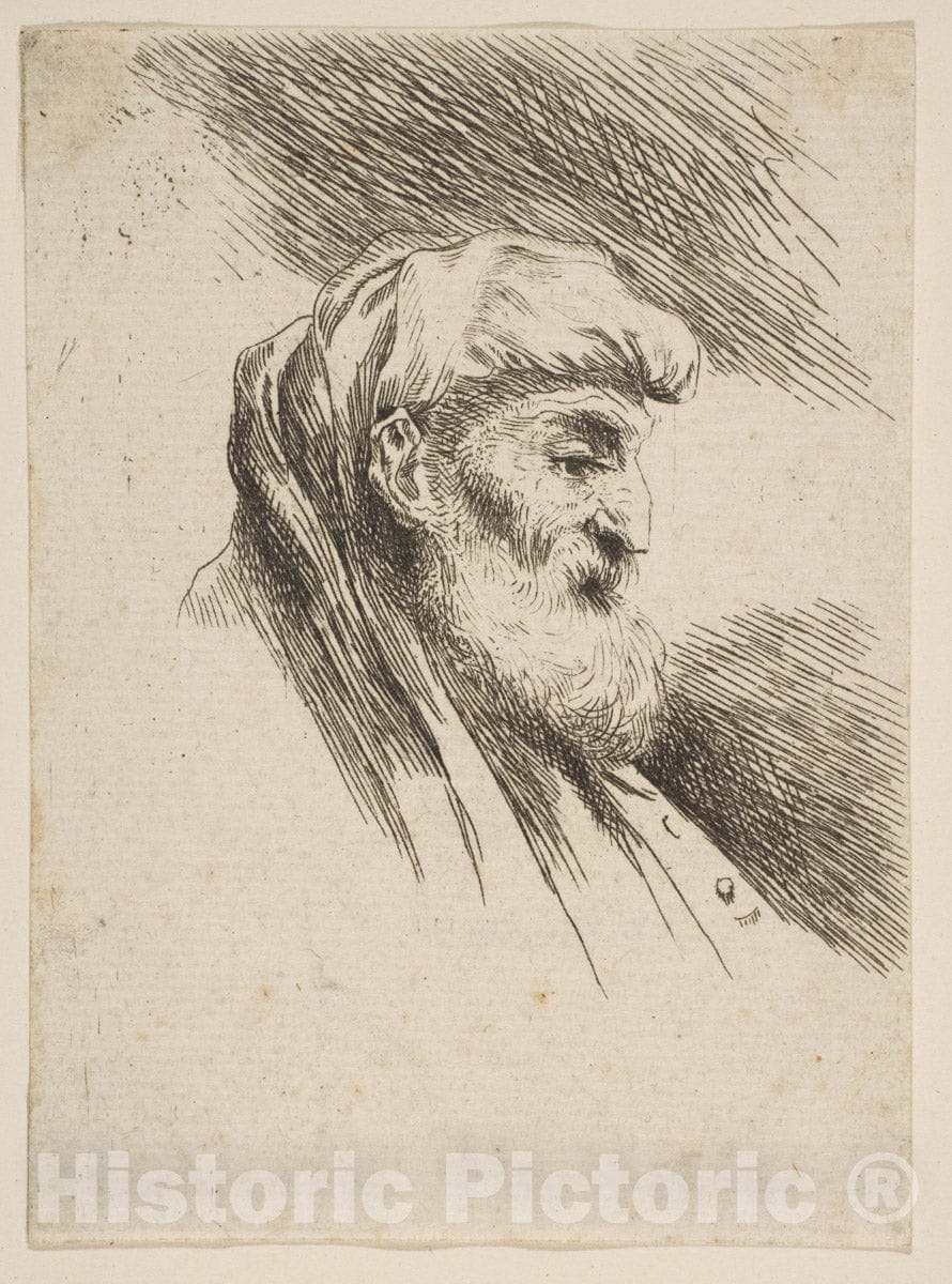 Art Print : Giovanni Benedetto Castiglione (Il Grechetto) - Head of an Old Bearded Man Facing Right 1 : Vintage Wall Art