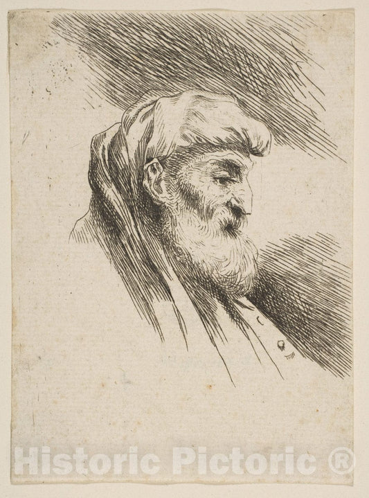 Art Print : Giovanni Benedetto Castiglione (Il Grechetto) - Head of an Old Bearded Man Facing Right 1 : Vintage Wall Art