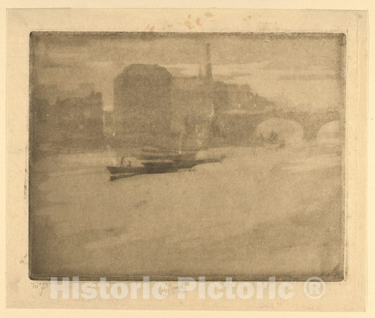 Art Print : Joseph Pennell - Evening Harbor Scene with Bridge (Mist on The Thames) : Vintage Wall Art