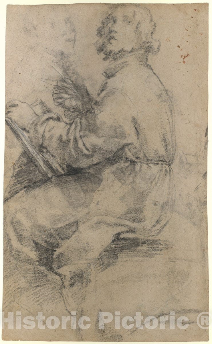 Art Print : Bernardino Poccetti - Seated Male Figure with The Head of an Onlooker (Recto)