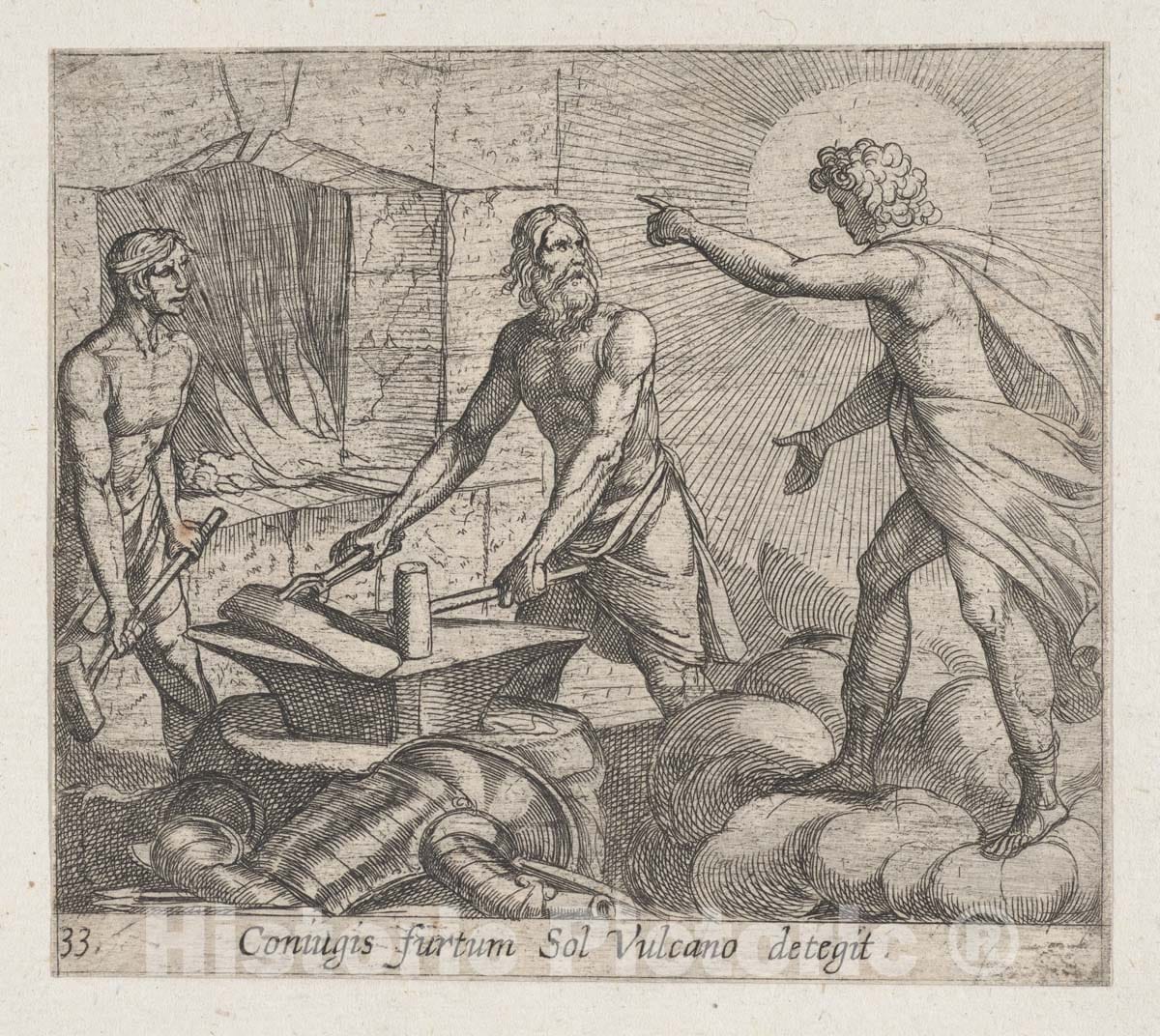 Art Print : Antonio Tempesta - Plate 33: Apollo at Vulcan's Forge (Coniugis furtum Sol Vulcano detegit), from Ovid's 'Metamorphoses' : Vintage Wall Art