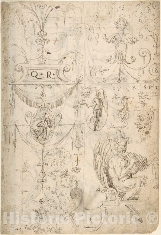 Art Print : Grotesques Designs with Various Inscriptions - Artist: Andres de Melgar - Created: c1545 : Vintage Wall Art
