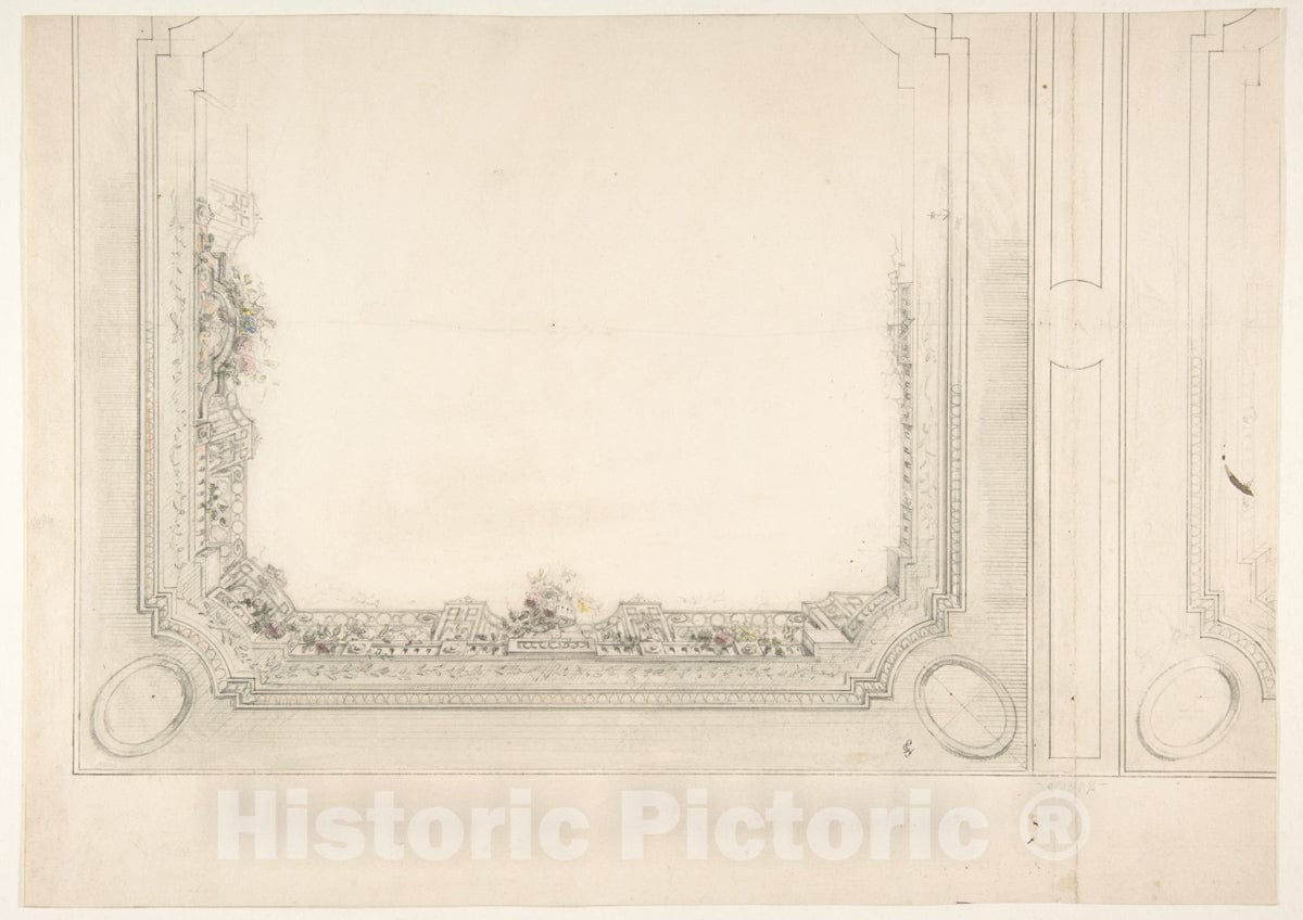 Art Print : Jules-Edmond-Charles Lachaise - Partial Design for a Ceiling to be Painted with a Trompe L'Oeil Iron Railing and Roses : Vintage Wall Art