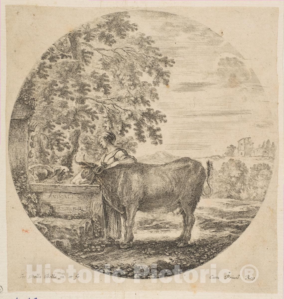 Art Print : Stefano Della Bella - A Peasant Woman with a Cow at a Fountain ated with The Medici arms, from 'Six Animal Subjects' (Six sujets d'animaux) : Vintage Wall Art