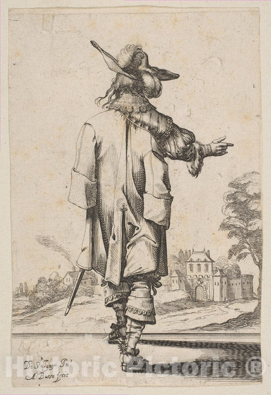 Art Print : Abraham Bosse - Gentleman Seen from The Back Pointing Towards a Chateau : Vintage Wall Art