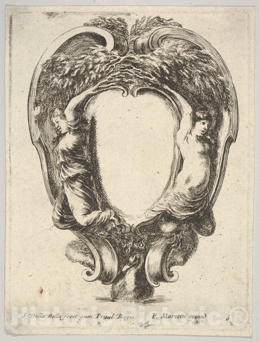 Art Print : Plate 6: a cartouche Supported by a Duck Below and ated with Two Nymphs Whose arms Become Tree Branches - Artist: Stefano Della Bella - c1647 : Vintage Wall Art