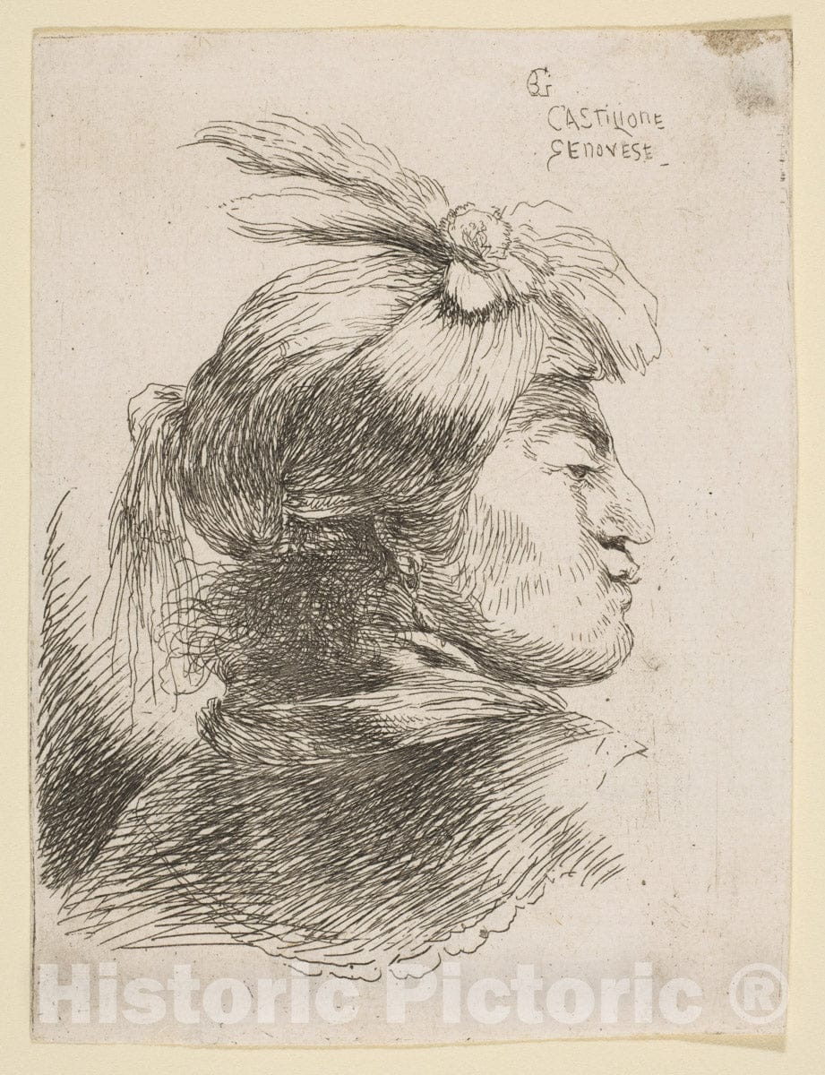 Art Print : Man wearing a small turban, facing right, from series of 'Small Heads in Oriental Headdress' - Artist: Castiglione (Il Grechetto) - Created: c1645 : Vintage Wall Art