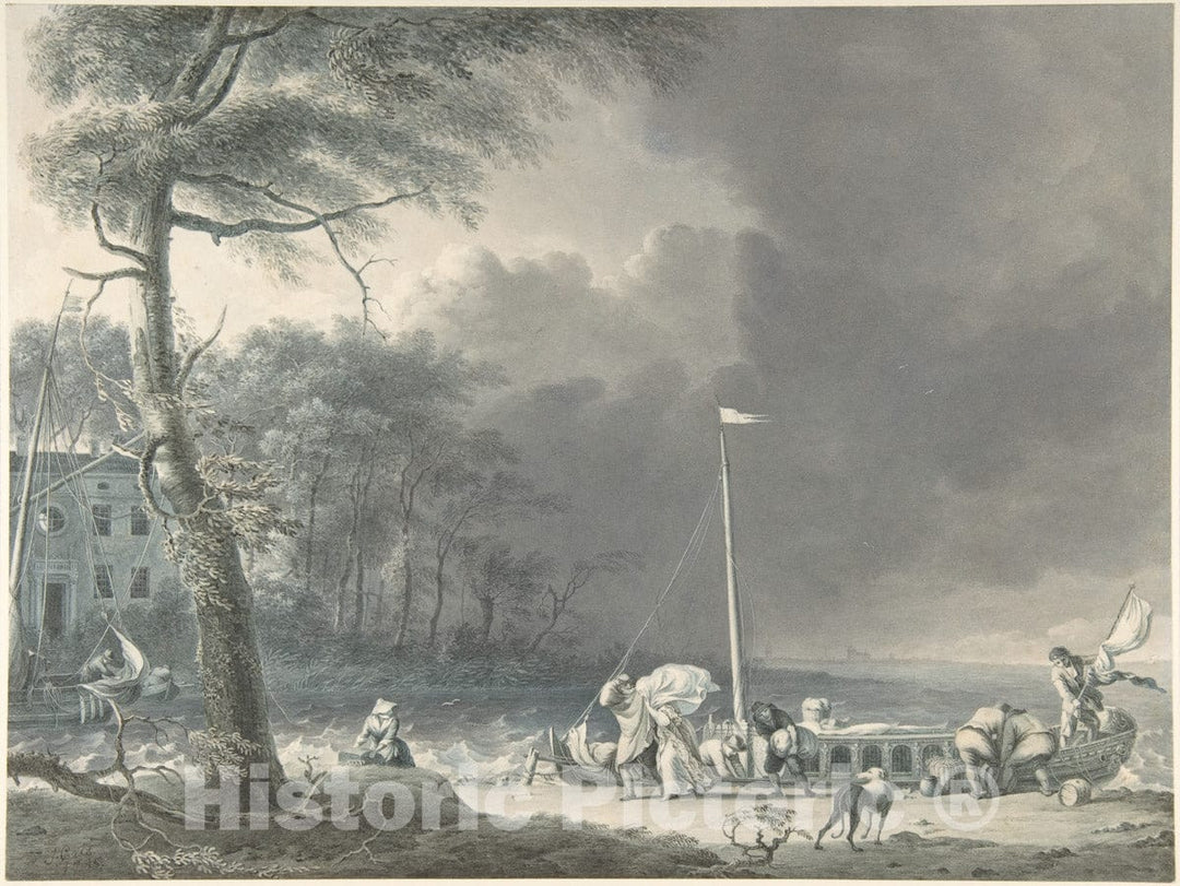 Art Print : Jacob Cats - A Stormy Scene with Figures Unloading Boats Near a House on The Water's Edge : Vintage Wall Art