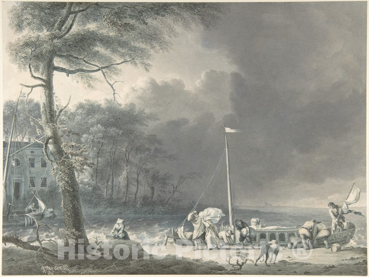 Art Print : Jacob Cats - A Stormy Scene with Figures Unloading Boats Near a House on The Water's Edge : Vintage Wall Art
