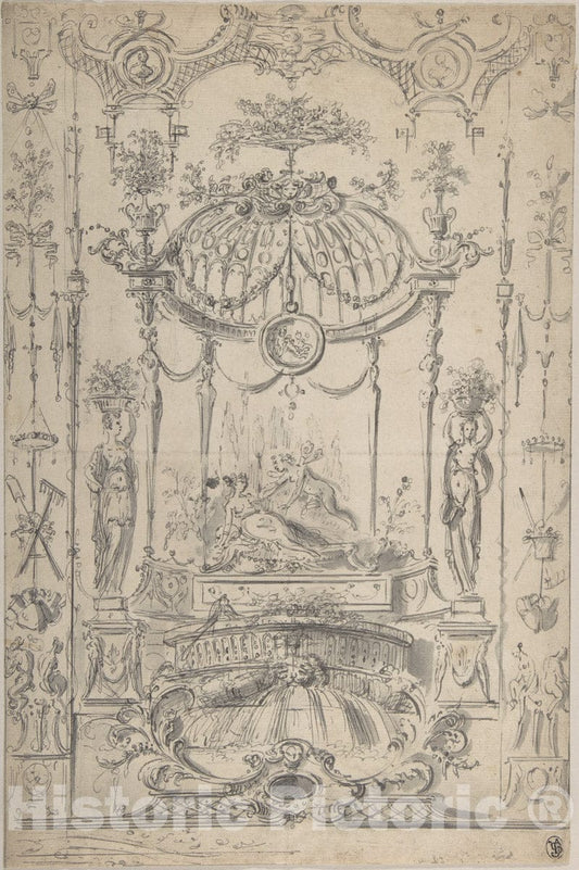 Art Print : Circle of Claude Gillot - Design for an Arabesque with Cupid and Psyche : Vintage Wall Art