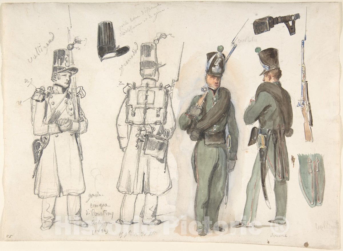 Art Print : Auguste Raffet - Uniforms of The Civil Guard in Courtray, Belgium : Vintage Wall Art
