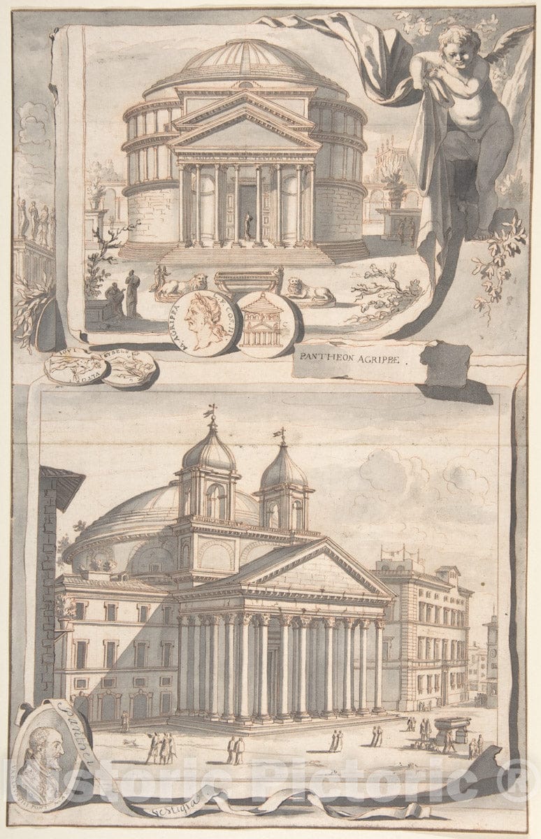 Art Print : Jan Goeree - A Reconstuction of The Pantheon (Above) and a View of its Appearance Around 1700 (Below) : Vintage Wall Art